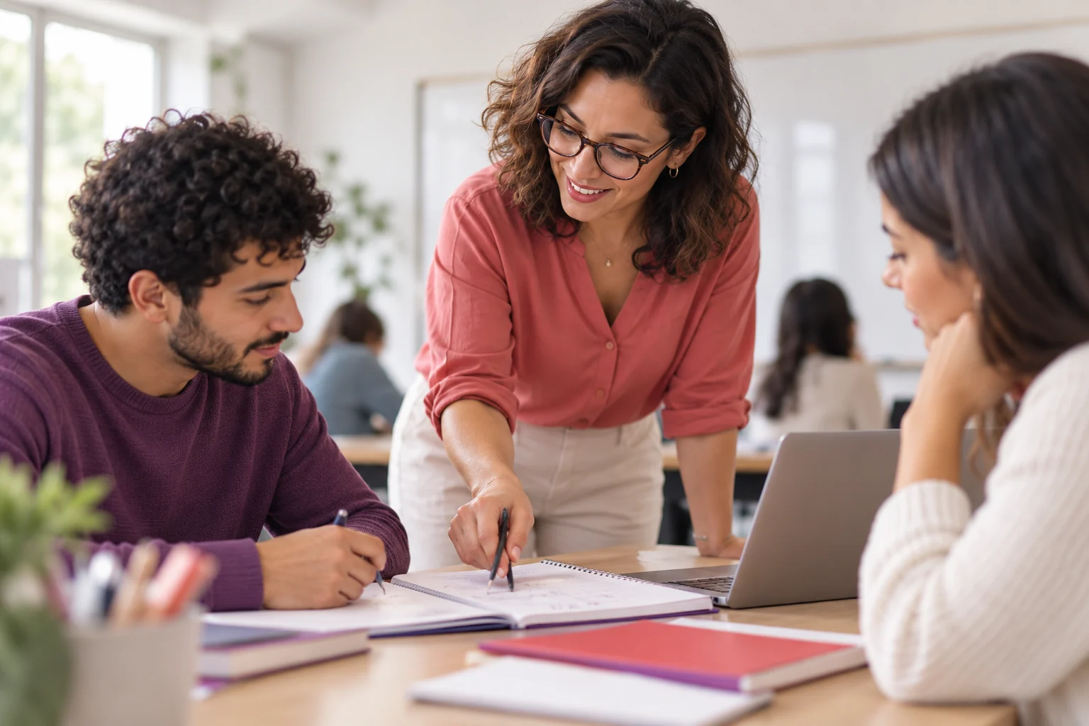 Professora orientando estudantes em uma atividade com materiais e computador